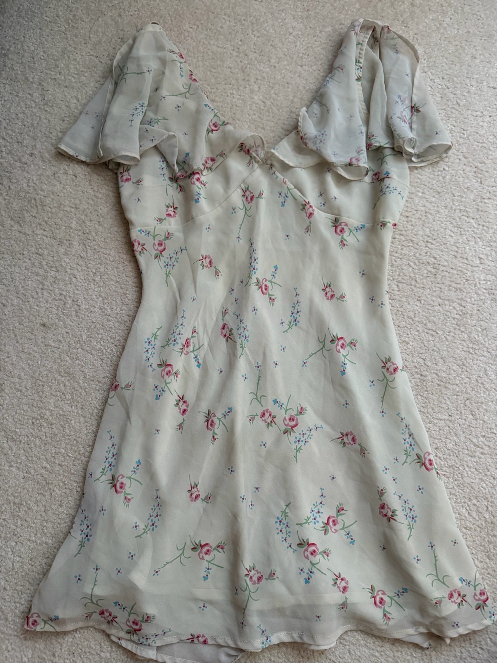 Cream Floral Mini Dress with Pink Rose Print